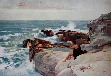 Evening by the Sea, Young Man with a Large Shell Sitting on the Shore