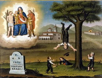 Fall of a tree. At the top left the Madonna between San Sebastian and San Roch. Ex voto of 1870