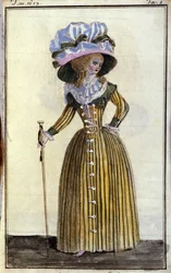 Fashion: elegant young woman with cane. 1787