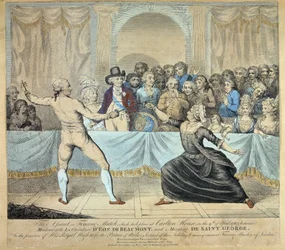 Fencing fight between the knight of Eon de Beaumont and Monsieur de Saint George, 9 April 1787. Engraving