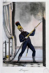 Firefighter with water lance, extinguishing a fire - circa 1830