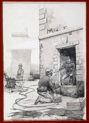 Firefighters: fire apparatus from cellars (engraving)