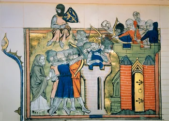 First Crusade: Godefroi (or Godefroy) of Bouillon (1058-1100) in a Round Tower Attacked Jerusalem in 1099. Miniature from 
