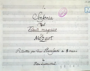 First page of the symphony score reduced to two pianos and eight hands of Die Zauberflote, opera by Mozart, Lichtenthal version