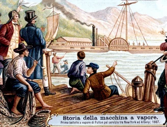 First voyage of the steamboat Clermont by Robert Fulton (1765-1815), American engineer on the Hudson River, USA