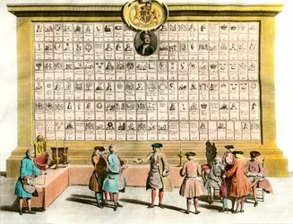 Freemasonry: meeting of English Freemasons with symbols of the main Masonic lodges. 18th-century board. Paris. Decorative Arts