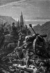 Francois I remained in the saddle the night before the Battle of Marignan, September 1515. Engraving of the 19th century