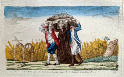 French Revolution: “The present time requires everyone to bear the great burden” A peasant, a member of the clergy and a soldier bearing the weight of the national debt between them. Cartoon of the end of the 18th century, Paris, Musée Carnavalet