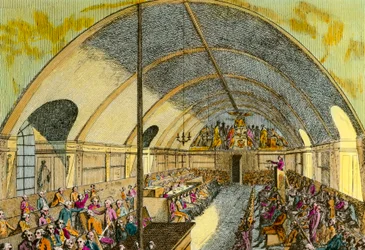 Representation of a session of the political society Societe des amis de la Constitution or Club des Jacobins founded in Versailles in 1789
