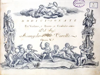 Frontispiece of 12 sonatas for violin, bass and harpsichord by Arcangelo Corelli