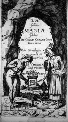 Frontispiece of a book depicting witches performing magical rites