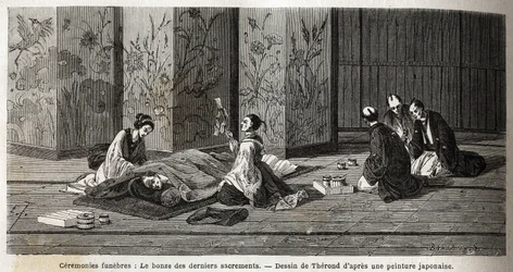 Funeral ceremonies: the monk of the last sacraments. Engraving to illustrate the voyage to Japan in 1863-1864, by Aime Humbert, minister of the Swiss Confederation, in Le tour du monde, nouveau journal des voyages, published under the direction of Edouard