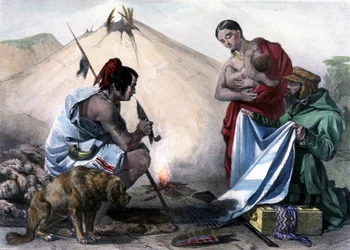 Fur Barter for Fabric between Canadian Huron Indians and White Man - in Shyth