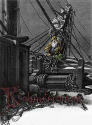 Germanic mythology: representation of a Klabautermann on the deck of a boat, an elf protector of ships at sea. Engraving of the 19th century