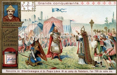 Great conquerors: portrait of Charlemagne and his meeting with Pope Leon III at the Paderborn camp, in 799 - Liebig chromolithography