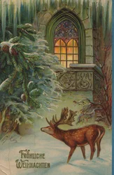 Historic Christmas Card with a Winter Motif with Stag and Church