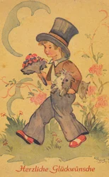 Historic Postcard with a Boy with a Bouquet of Flowers and a Small Dog, Greeting Card