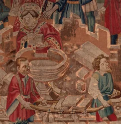 History of Saint Piat and Saint Eleuthère, Scene 5, Detail. Centre. The saint, bricklayers and the baptismal font.