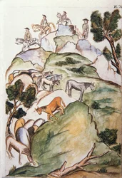 Horse keepers encircle mares in the mountains to catch them, from the book "Trujillo del Peru" or "Códice Martínez Compañón"