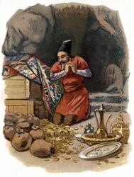 Illustration for the Tales of the Thousand and One Nights. Ali Baba enters the rock, saying, 