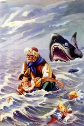 Illustration of the Pinocchio tale by Carlo Collodi: Pinocchio and Geppetto are pursued by a huge fish