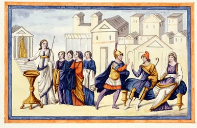 In Troy, women beg Athena while Hector farewells his wife Andromache. The Iliad, chant VI, engraving from the end of the 18th century.