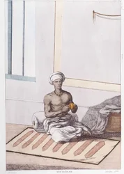 Indian culture, civilization and society: musician with traditional Indian percussion. Engraving from 1808