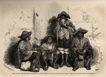 Indians of Cuzco (Peru), vetus of the manta, sandals and traditional sombrero, employed as labour for the exploitation of guano deposits in the Chincha Islands, drinking shisha, but fermented brandy. Engraving to illustrate Les iles Chincha, rect by L.Simo