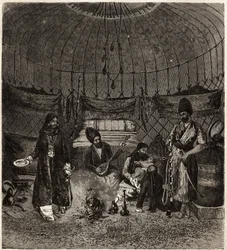 Inside a Turkish tent (Turkmena, Iraq), home to a family, with a barhchi (musician, storyteller) accompanied by the dutare to sing or recite poetry. Engraving to illustrate the story of Henri de Blocqueville 
