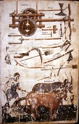 Instruments for working the field and a man plowing - in 