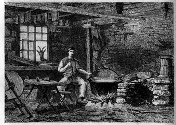 Interior of a cheese factory in the Vosges. Engraving in 