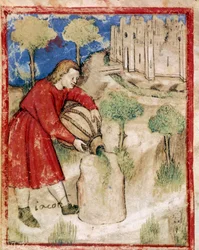 Jacob poured oil on the stone that had served him as a cushion (Miniature from Codex 212 or Bible of Padua, 1390-1400)
