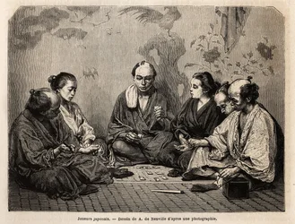 Japanese players in the middle of cards. Engraving to illustrate Japan, travel story by Aime Humbert, minister of the Swiss Confederation, in 1863-1864, published in Le tour du monde, nouveau journal des voyages, under the direction of Edouard Charton