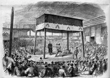 Japanese wrestler fight Sumo in Osaka, Japan. From a drawing by C. Wirgman. Engraving in “The Illustrious Universe”