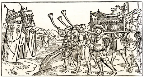 Jews carry the Ark of the Covenant in front of the collapsing walls of Jericho
