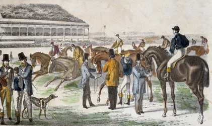 Jockeys and their horses before the race - engraving, c. 1850