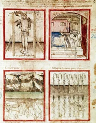 Joseph interprets the dreams of the basket maker who ends his head cut. At the top right, the pharaoh dreams of the seven fat cows, premonition of the years of abundance and the seven lean cows of the years of starvation