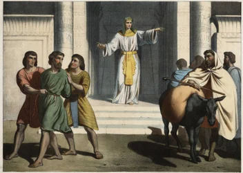 Joseph keeping Simeon hostage: Joseph the Patriarch asks his brothers to introduce him to the younger Benjamin and keeps Simeon hostage waiting for their return. Anonymous engraving from the middle of the 19th century.