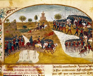 King Alexander the Great and his army pass the Tiger and the Euphrates. Miniature from 