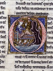 King Modreius. Manuscript: Conquest of the Saint Grail, written 717 years after the passion of our lord. Bibliotheque municipale de Rennes, ms. 255 (Collection of novels of the Round Table); Paris