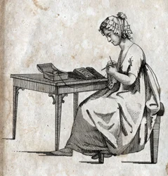 Knitting machine: woman busy knitting wool. Engraving late 18th century. Private collection.