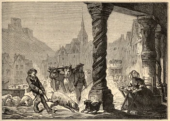 La grande Rue un jour de marche à Dol de Bretagne - engraving in PATRIE - DESCRIPTION PECTURESSE DE LA FRANCE EN 6 VOLUES BY LUCIEN HUARD - end 19th century
