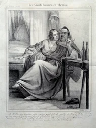 Les grands hommes en chemise Representation of the writer Honore de Balzac (1799-1850) enlacing a young woman while smoking a cigarette