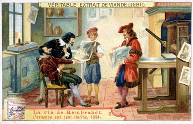 Liebig Chromolithography on the Life of Rembrandt (1606-1669), Dutch Painter. This is the 100 Guilder Print in 1654