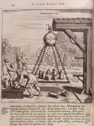 Loading suspended Magdeburg hemispheres - in Ottonis de Guericke: Experimenta Nova Magdeburgica de vacuo spatio by Otto von Guericke