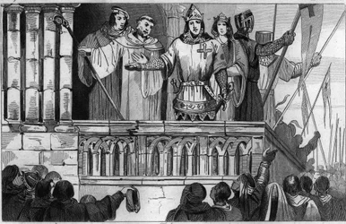 Louis VII (1120-80) the Young raises support for the Second Crusade in 1144 - Louis VII undertakes the 2nd Crusade after the advice of Saint Bernard de Clairvaux - Engraving 1825 in Histoire de France represented by synoptic