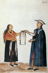 Marriage arrangement between Indians, negotiation about the outfit of the bride, from the book Trujillo del Peru or Codice Martinez Compañón, by Baltazar Martinez Compañón y Bujanda, bishop of Trujillo (1782-1785)