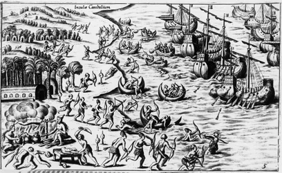 Meeting between the people of Christopher Columbus and the Cannibals - in 