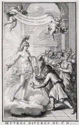 Men looking at themselves without their masks in front of the mirror of the allegory of truth. Engraving of the 18th century
