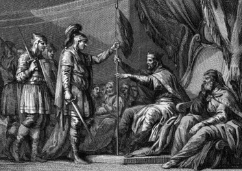 Merovingian period: a mayor of the palace (dignitary of the kingdom) took the oath before taking office. He swears to the bishops and lords of the region to retain their respective rights. Engraving of the 18th century